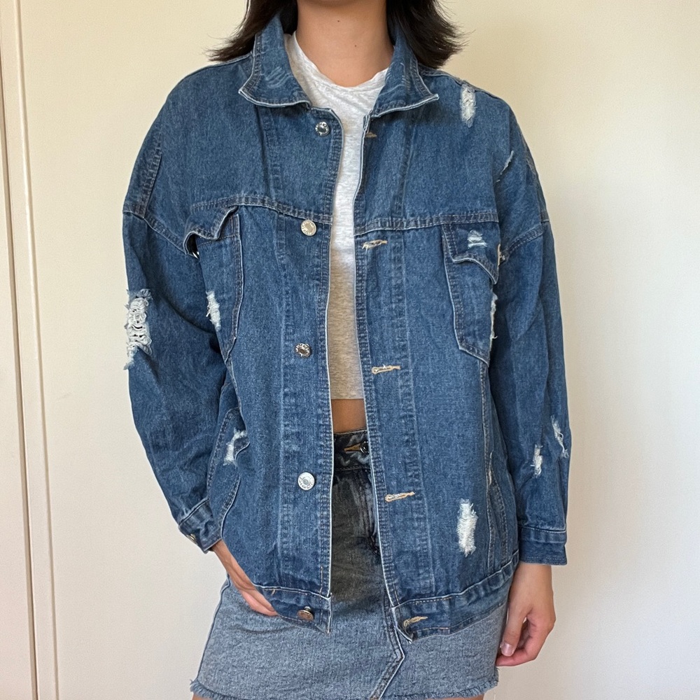 NOBRAND Korean Vintage Denim Distressed Jacket, Size Medium